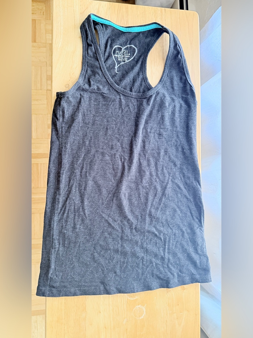 rue21 Charcoal Gray Racerback Tank Top Large Aqua Trim Y2K Basic Stretch Cami